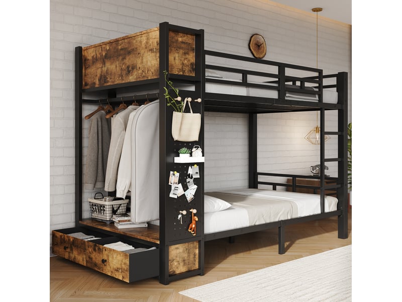Lit superposé 120 × 200 cm 1 place avec penderie, tiroir et étagères, sans matelas, métal noir et noyer foncé - Conforama B