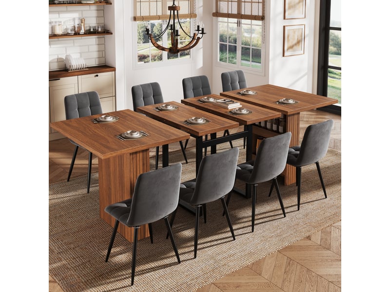  Table à manger extensible 120-160-200x80 cm pour 6 à 8 personnes, rangement caché, pieds en métal renforcés, mdf effet bois brun foncé  - Conforama C