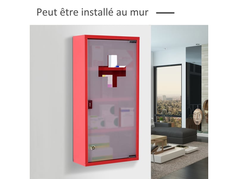 Armoire à pharmacie 3 étagères 4 niveaux verrouillable porte verre dépoli trempé logo croix 30l x 12l x 60h cm acier rouge - Conforama W