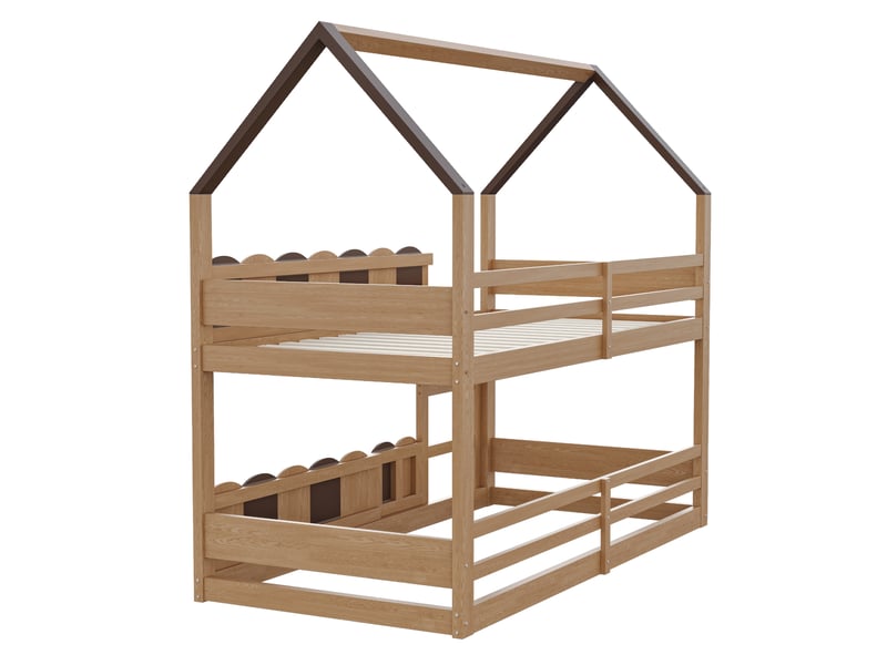  Lit superposé enfant 90 x 200 cm coloris bois, structure maison avec échelle et barrières rehaussées  - Conforama E