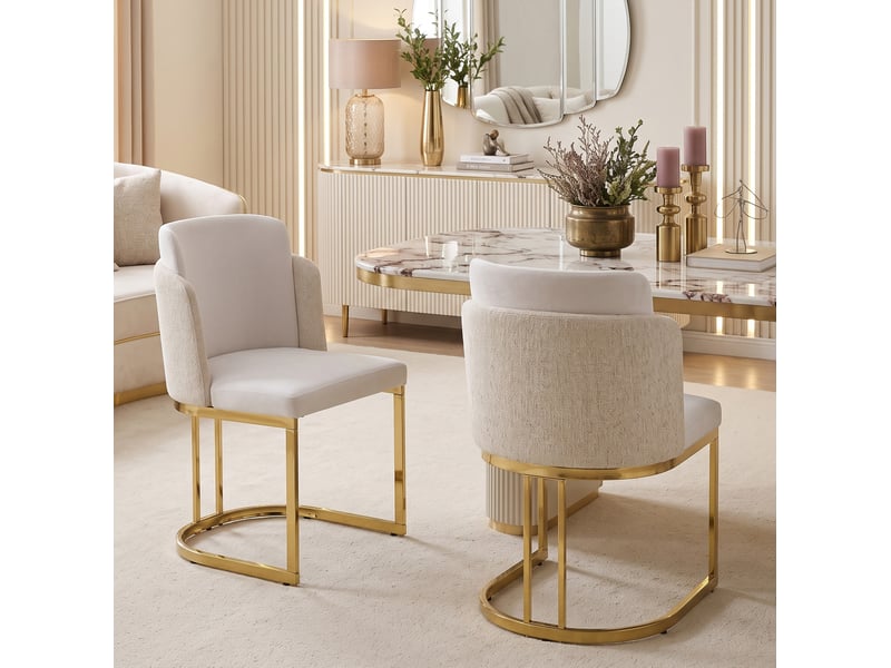  Lot de 4 chaises de salle à manger design, beige et or, dossier double, pieds métalliques, style contemporain  - Conforama E