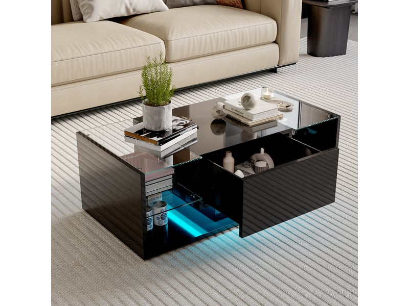  Table basse salon - design flottant avec éclairage led - double rangement et tiroir - plateau verre trempé - noir  - Conforama B