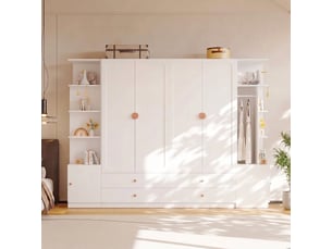 Armoire penderie 90x50x200 cm 4 portes blanche et chêne avec tiroir à bijoux