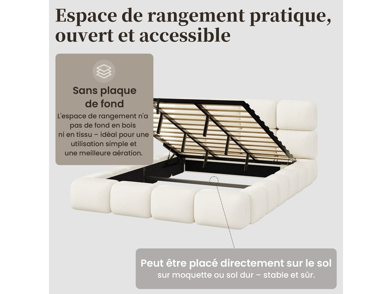  Lit capitonné, lit double, 180 x 200 cm, lit à réglage hydraulique, lit nuage, lit coffre, design bulles, sommier à lattes, tête de lit et grand espace de rangement, tête de lit capitonnée, bouclé blanc  - Conforama D