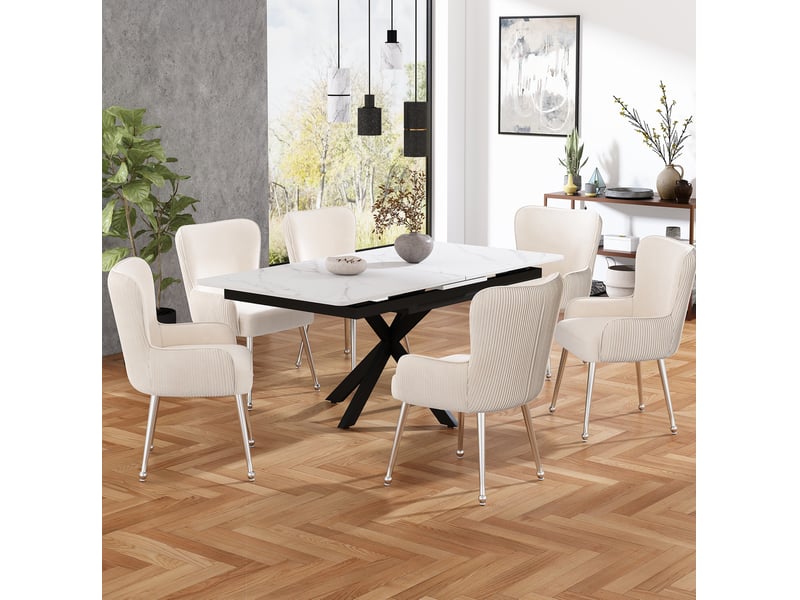  Lot de 6 chaises salle à manger 57x53x83 cm en velours beige, pieds métal argenté, doté d'accoudoirs  - Conforama B