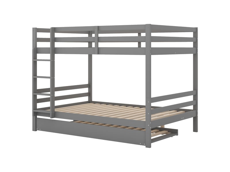  Lit superposés enfant 140x200 cm, lit 2 personnes avec lit gigogne, lit double avce barrières hautes, escalier stable, en pin, gris  - Conforama B