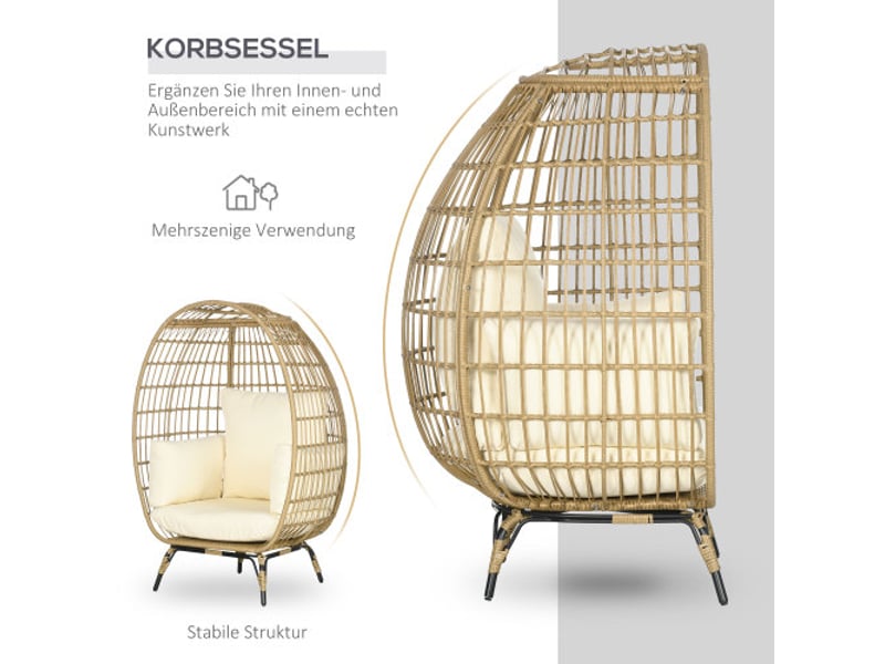 Fauteuil de jardin en rotin khaki, coussin, structure métal, 105x97x150 cm, balcon et terrasse - Conforama D