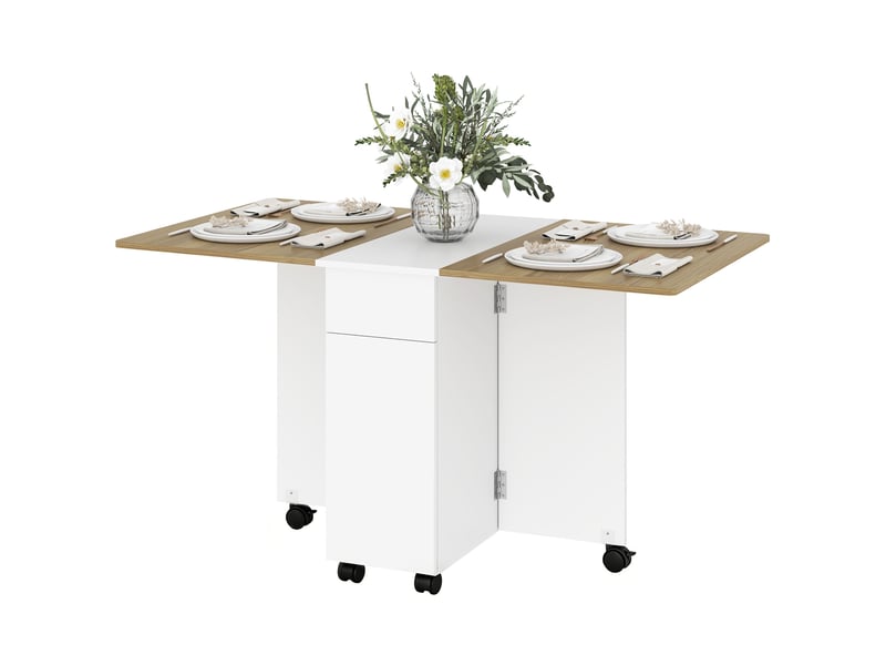  Table à manger pliable pour 6 personnes, table de cuisine sur roulettes avec 2 tiroirs 2 placards, 140x76x74cm, blanc  - Conforama B