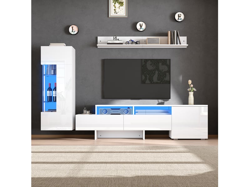 Meuble tv mural 3 éléments avec 1 porte, 2 tiroirs et led pilotées par téléphone pour salon, blanc, 170 × 35 × 45 cm - Conforama B