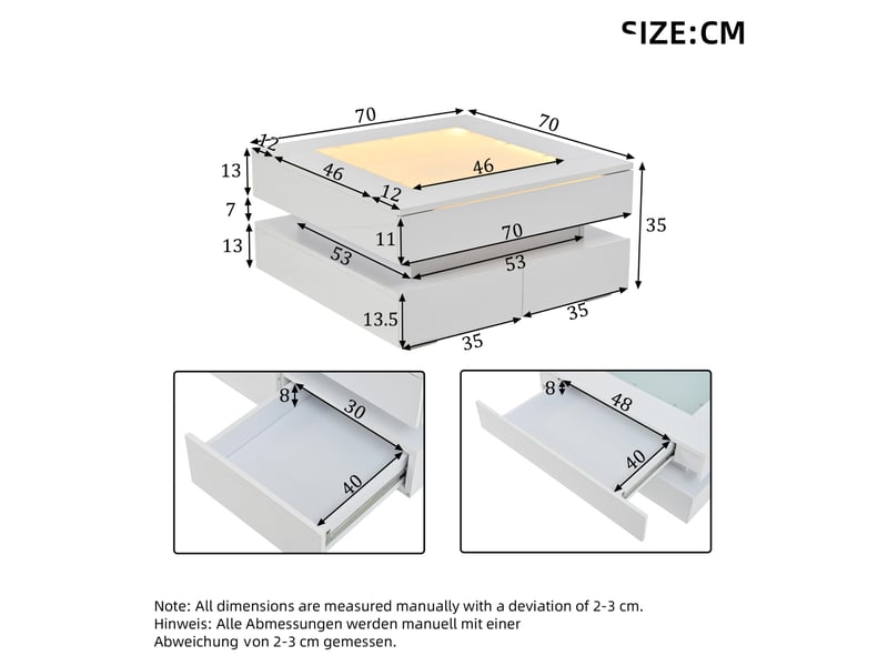  Table basse 3 tiroirs et led réglable par application, plateau en verre, carrée pour salon, blanche, 70 × 70 × 35 cm  - Conforama E
