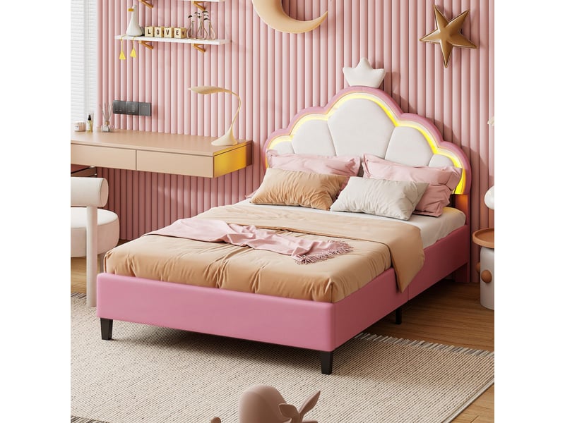 Lit enfant 140x200cm - lit double 140x200 avec tête de lit couronne lumineuse led - rembourré en velours - rose et blanc  - Conforama C