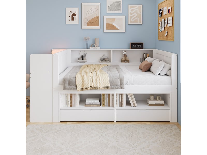 Lit en bois 120x200 cm, lit fonctionnel avec bureau intégré, contour partiel, armoire, 2 tiroirs, niches ouvertes, blanc - Conforama D