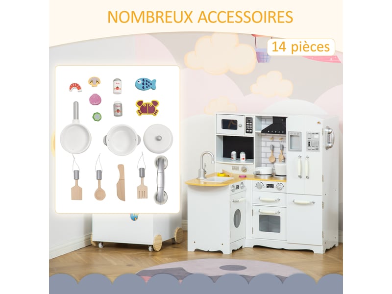 Cuisine pour enfant 3-6 ans jeu d'imitation nombreux accessoires rangements évier, robinet, four, micro-ondes, hotte, téléphone et réfrigérateur blanc - Conforama E
