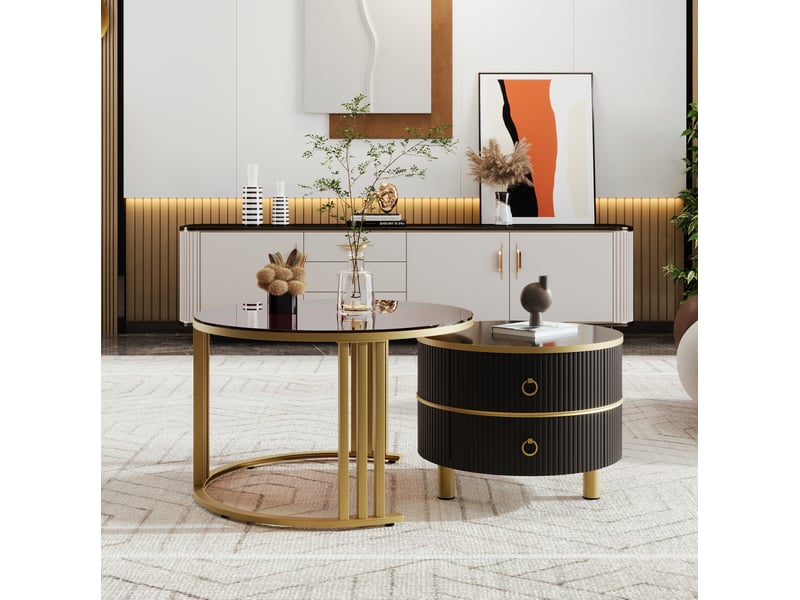  Table basse gigogne ronde 70x70x45 + 50x50x40 cm, 2 tiroirs et 1 plateau en verre trempé marron, noir  - Conforama B