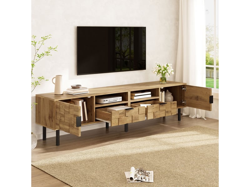  Meuble tv 160x35x42,5 cm, 2 portes, 2 tiroirs, passe-câbles, façades texturées, pieds métal, grand rangement pour salon - naturel  - Conforama E