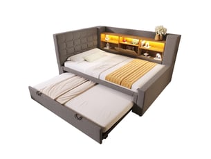 Lit banquette 90x200 cm avec lit gigogne 90x190, en lin gris, tête de lit en l avec rangement, led et ports usb pour chambre.