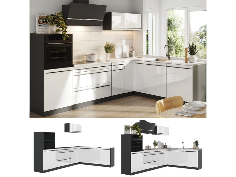  Vicco cuisine en angle, blanc haute brillanceanthracite, 287 x cm plan de travail chêne doré  - Conforama D