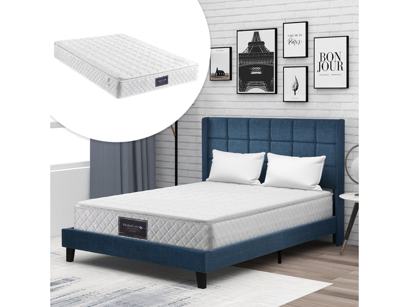  Lit rembourré tcqpz 140 x 200 cm bleu en lin avec sommier à lattes et matelas à ressorts ensachés  - Conforama D
