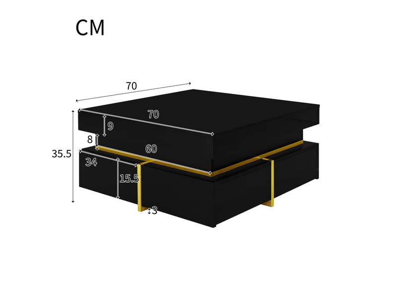  Table basse 70x70x35,5 cm avec 2 tiroirs panneau de particules noir brillant et accents dorés  - Conforama C