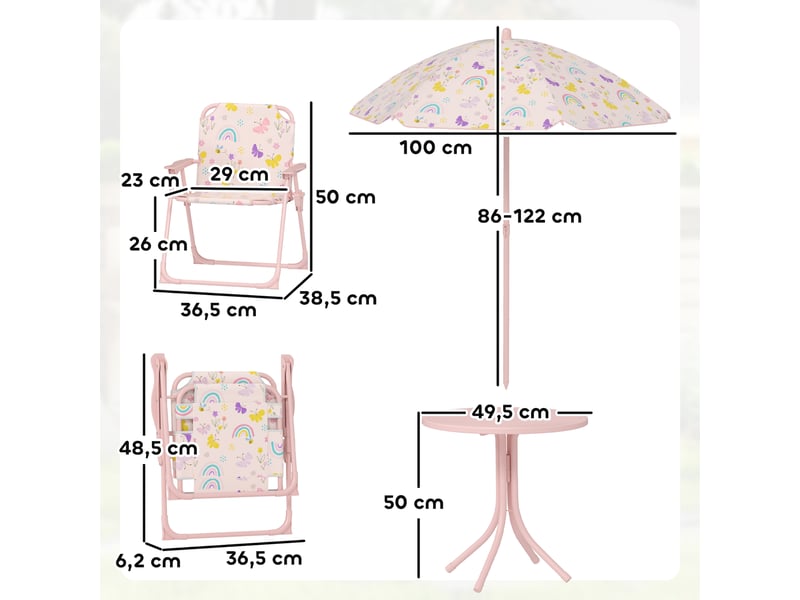  Ensemble de jardin pliable pour enfants avec 2 chaises, une table et un parasol réglable pour les enfants de 2 à 5 ans, rose  - Conforama D