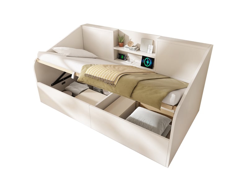 Lit gain de place 90x200 cm design minimaliste rangement grand volume, 2 niveaux arrière, bois, blanc sans matelas - Conforama A