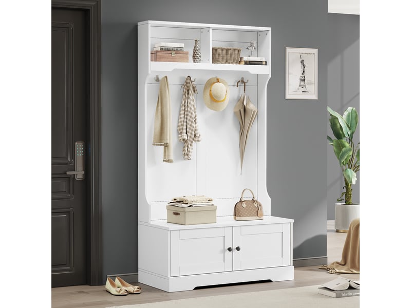 Meuble d’entrée blanc avec banc intégré, 4 patères et 2 niches ouvertes, rangement chaussures et manteaux, 101,5 x 183 cm - Conforama D