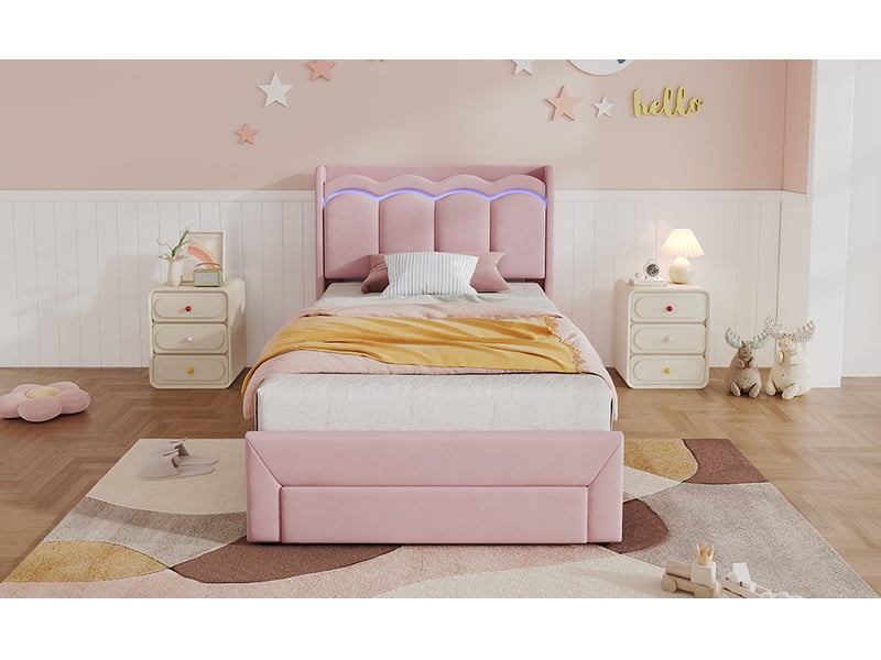 Lit enfant 90 x 200 cm rose en velours, led pilotée par application, tiroir de rangement et tête de lit ondulée - Conforama B