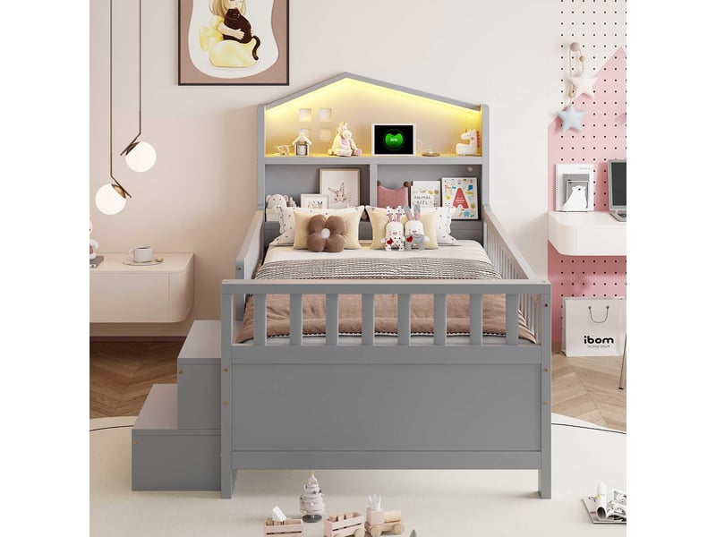 Lit enfant 90x200 cm avec rangement, 4 tiroirs et led, prises usb-c intégrées, structure en bois massif, gris - Conforama B