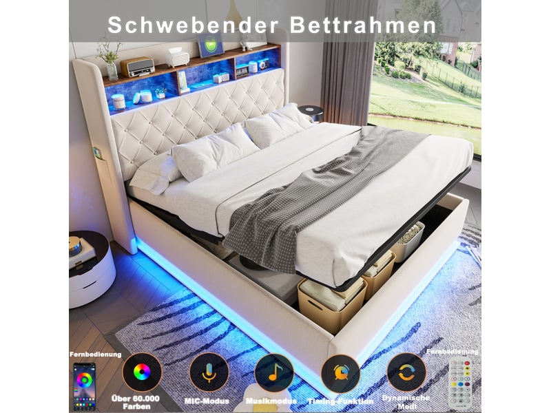  Lit coffre adulte 180x200 cm – beige – led multicolores, port usb et rangement hydraulique – sans matelas  - Conforama E