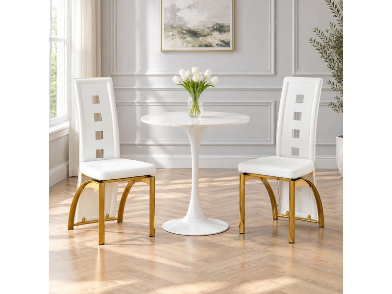 Chaises de salle à manger lot de 2 dossier perforé  - pieds en métal doré, pu blanc mat - 102,5 cm  - Conforama C