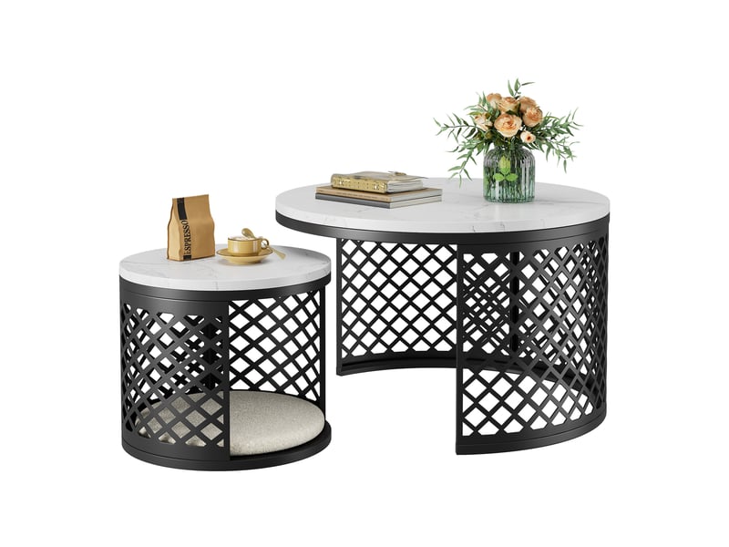  Lot de 2 tables basses rondes blanches avec tapis pour animal  - Conforama A