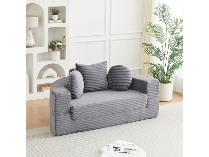  Canapé-lit 4-en-1 convertible, canapé demi-rond et lit de jour rond, 3 coussins, design compact en velours côtelé - gris  - Conforama D