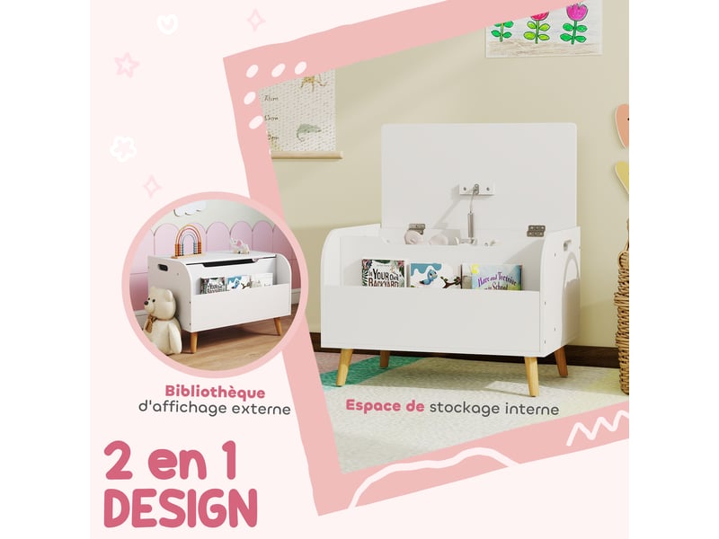  Coffre à jouet enfant, coffre de rangement enfant, couvercle rabattable et compartiment ouvert, 60x40x43cm, blanc  - Conforama E
