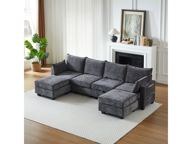 Canapé modulable en chenille 6 places, canapé d’angle u avec méridienne, ottoman de rangement, salon moderne - Conforama E
