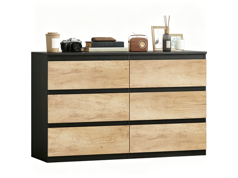  Commode en bois à 6 tiroirs pour chambre à coucher, 120 x 39 x 75 cm, noir et chêne  - Conforama A