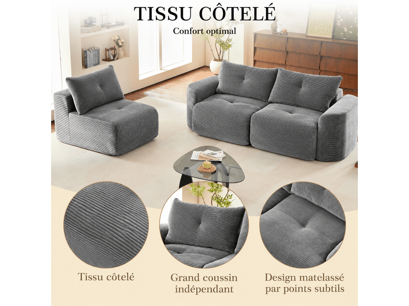  Canapé modulable 3 places 2+1, assise séparée, tissu côtelé, design arrondi wabi-sabi, 3 coussins, gris anthracite OMNIGLINT TRADING LTD - Conforama E