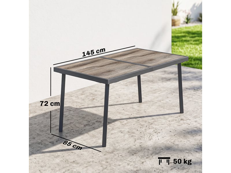  Table de jardin rectangulaire pour 6 personnes avec plateau effet bois, en acier et pspc, 145 x 85 x 72 cm, grise  - Conforama E