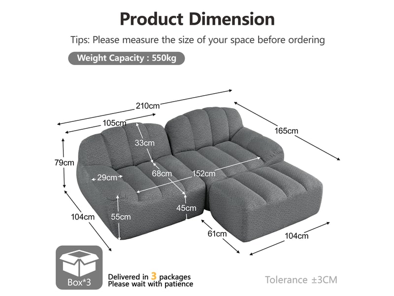  Canapé d'angle modulaire 2 places avec ottoman, assise ergonomique et dossier rembourré en fleece gris  - Conforama E