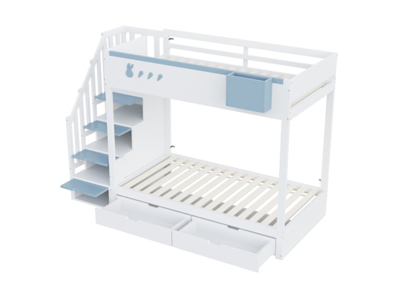  Lit superposé 90x200 cm, lit enfant avec rangement, escalier de rangement, 2 tiroirs, sommier à lattes, blanc et bleu, sans matelas  - Conforama D