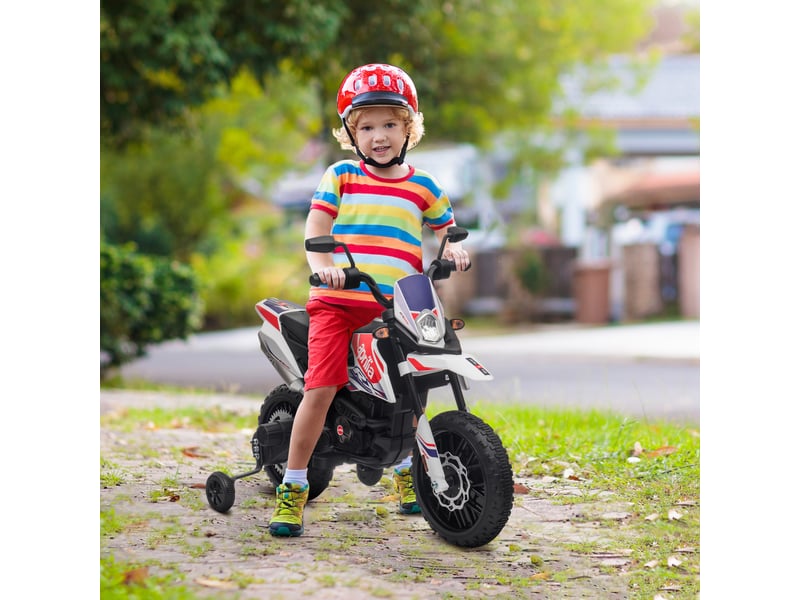  Moto électrique 12v pour enfants avec stabilisateurs, lumières led, musique, port usb, blanche.  - Conforama D