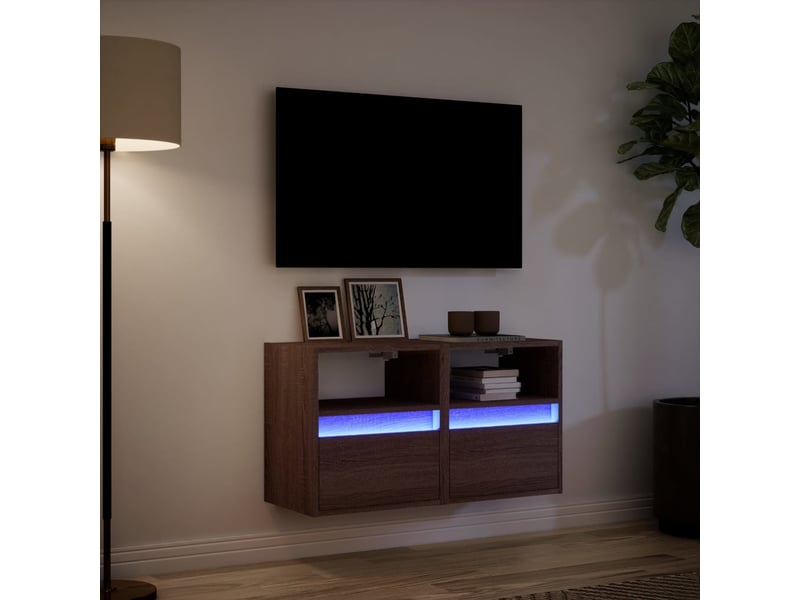 Lot de 2 meuble tv mural avec lumières led chêne marron 41x31x45 cm - Conforama E