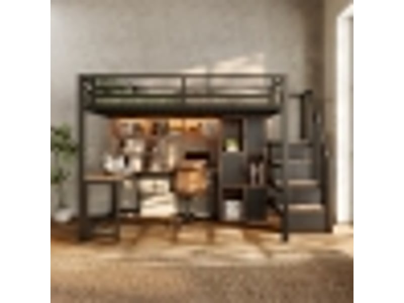  Lit mezzanine 140x200 cm avec bureau, escalier de rangement, étagères et led, structure métal noire, pour chambre enfant  - Conforama B