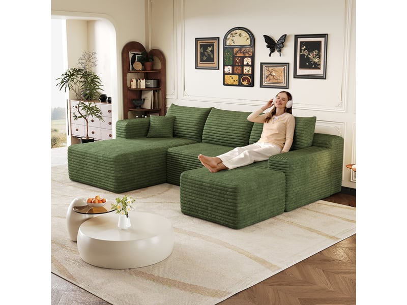  Canapé d’angle vert 4 places en velours côtelé, canapé moderne 241 cm avec méridienne pour salon, assise profonde et confortable  - Conforama E