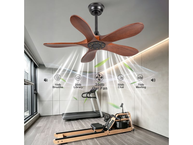  Ventilateur de plafond 90 cm sans éclairage 5 pales bois massif noyer et noir réversible 6 vitesses télécommande  - Conforama C