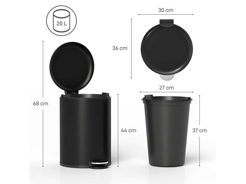  Poubelle de cuisine 20 l 36 x 30 x 44 cm noire en métal, pédale et seau amovible  - Conforama C