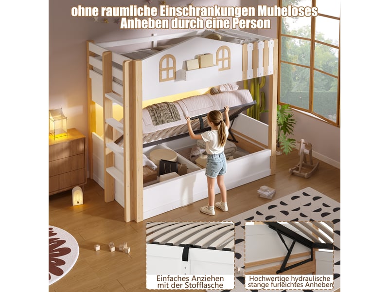  Lit superposé enfant, 90 × 200 cm, blanc et naturel, panneau particulesmdf, structure cabane, coffre hydraulique, sans matelas  - Conforama E