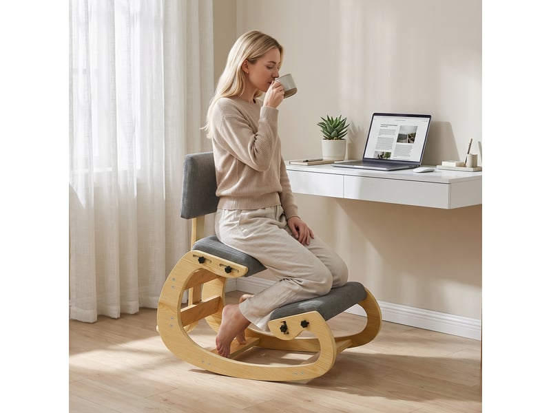  Fauteuil à bascule ergonomique à genoux avec dossier, en lin gris  - Conforama C