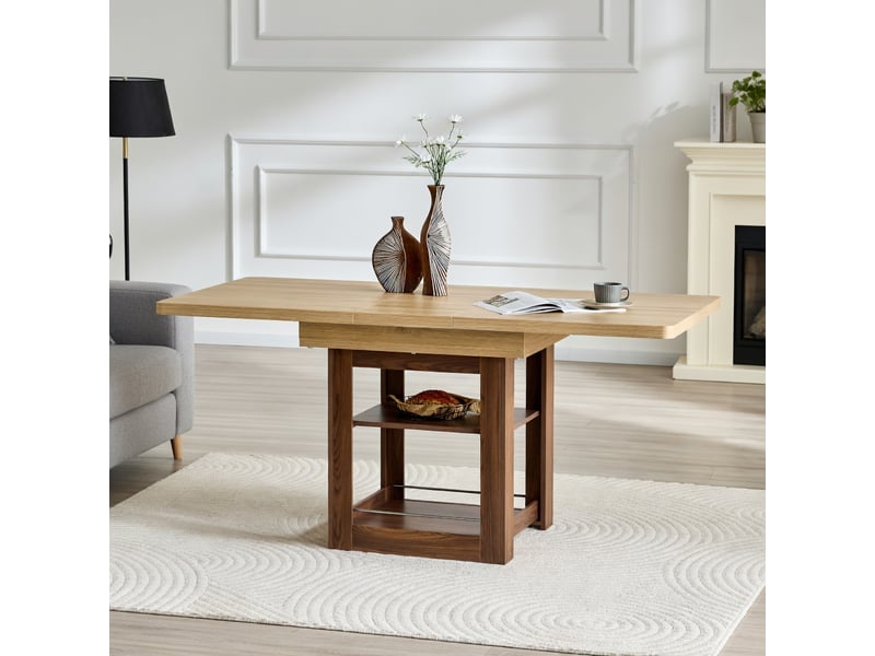 Table à rallonges imitation bois, noyer, en mdf, avec tablette intégrée, couleur naturelle - Conforama B