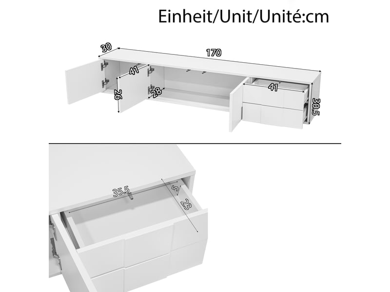 Meuble tv 170 x 30 x 30,5 cm, à poser ou suspendre, 3 portes et 2 tiroirs, façades sans poignées, blanc brillant, en mdf, rangement pour salon ABC - Conforama C