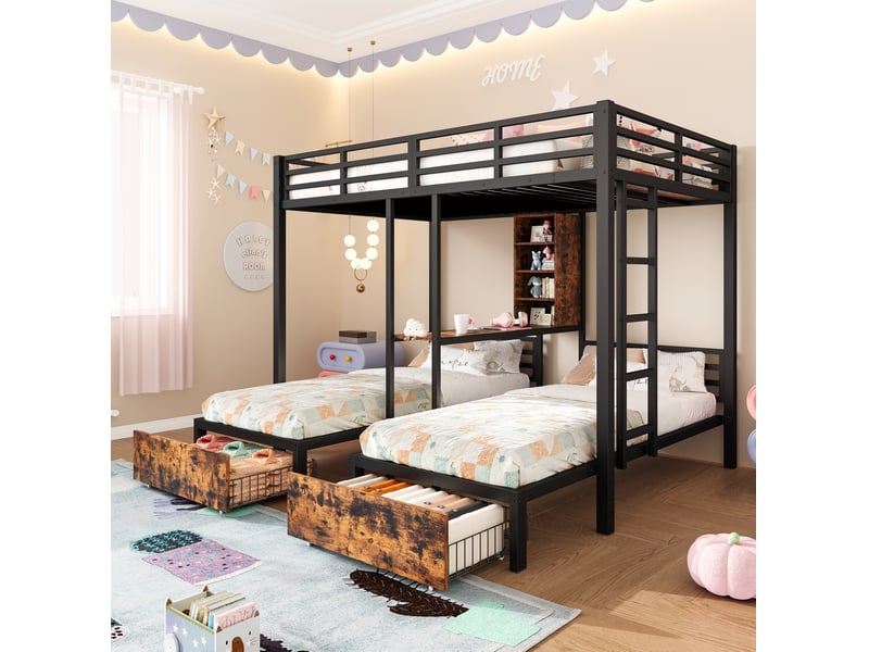 Lit superposé triple 140x200+90x200, garde-corps avec 2 tiroirs + casiers, 3 couchages, mdf+métal, noir sans matelas - Conforama D